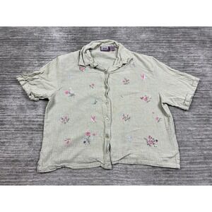 Premier International Top Womens XL Green Plaid Short Sleeve Butterfly Embroider